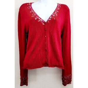 VTG Bloomingdale's Red Beaded V Neck And Sleeves Cardigan Sweater Small Soft